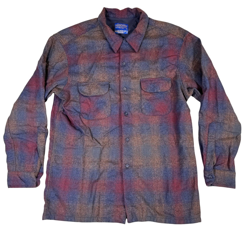 Pendleton Board Shirt Jac Mens Large Burgundy Navy Ombre Virgin Wool Flannel RD